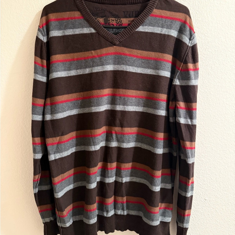 V-Neck Striped Sweater for Men - Brown, Gray, and Red